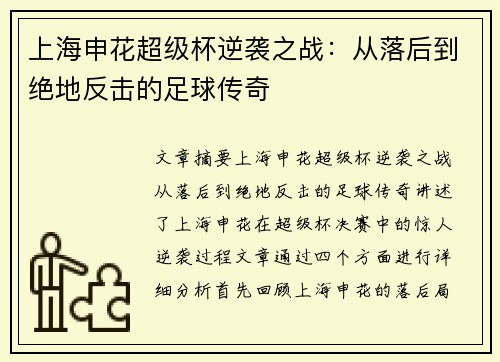 上海申花超级杯逆袭之战：从落后到绝地反击的足球传奇