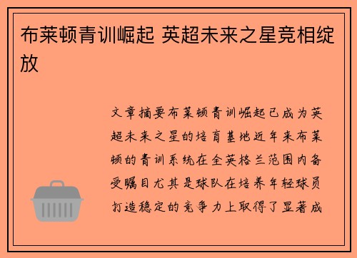布莱顿青训崛起 英超未来之星竞相绽放