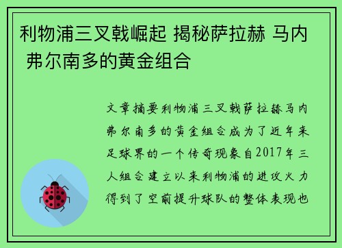 利物浦三叉戟崛起 揭秘萨拉赫 马内 弗尔南多的黄金组合