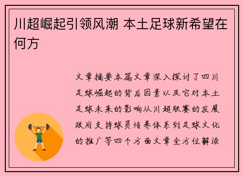 川超崛起引领风潮 本土足球新希望在何方